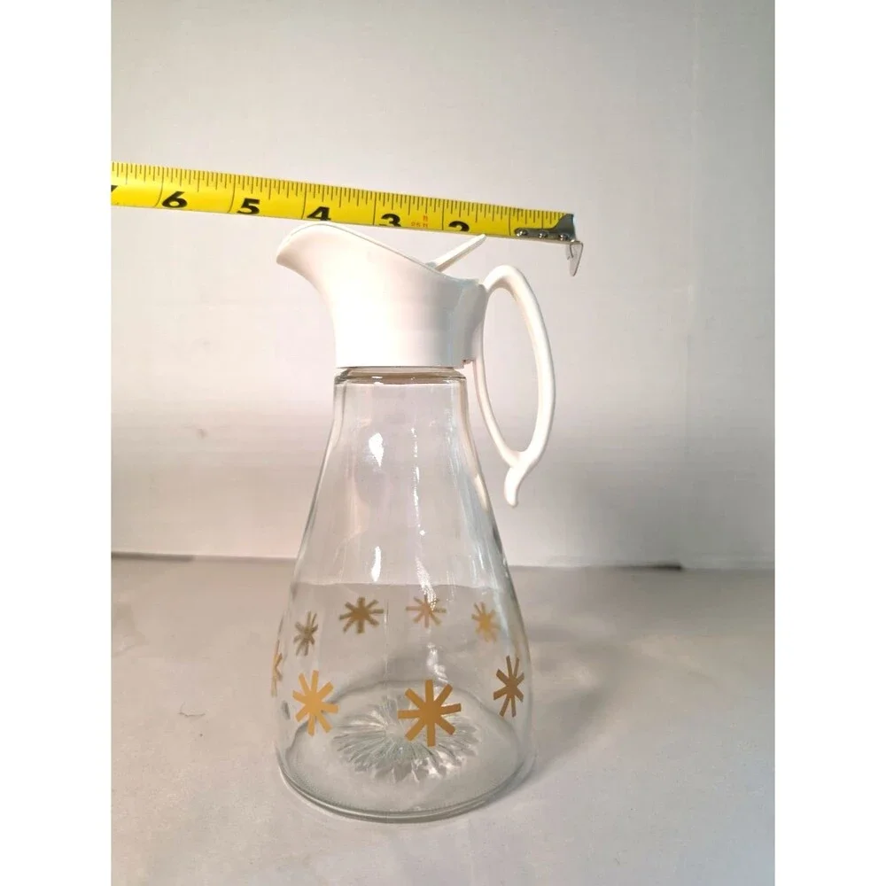 Vintage Log Cabin Syrup Pitcher Dispenser Gold Stars Starburst Clear Glass MCM